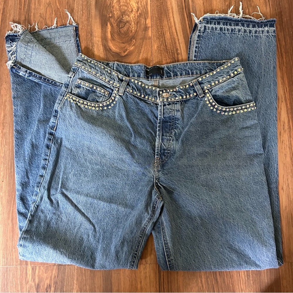 ASOS Rhinestone Studded Denim Jeans With Split Calf Hem Button Fly 32x36 Tall - Picture 2 of 7